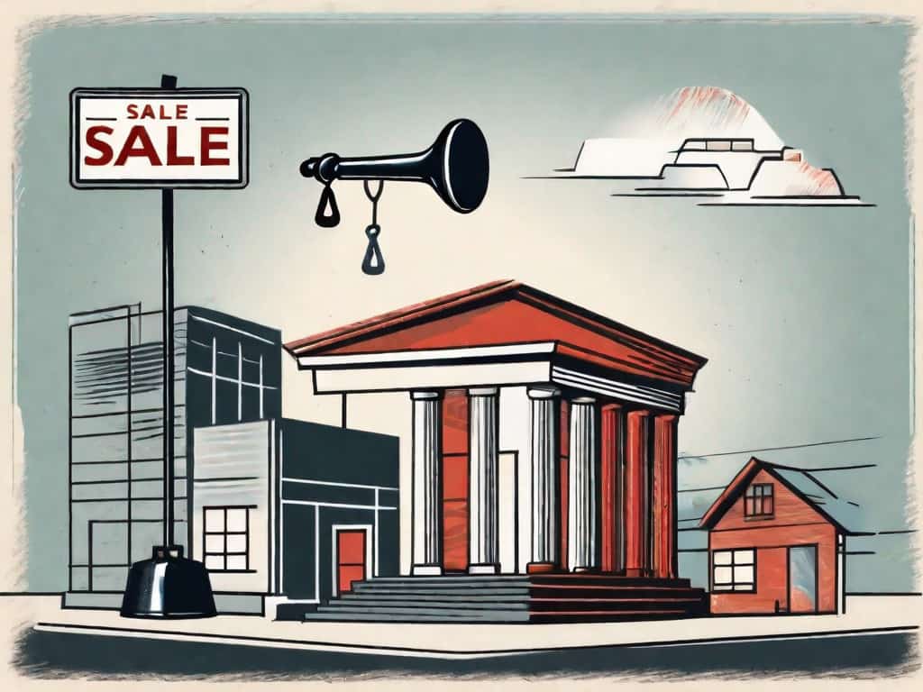 A traditional auction gavel and a 'for sale' sign